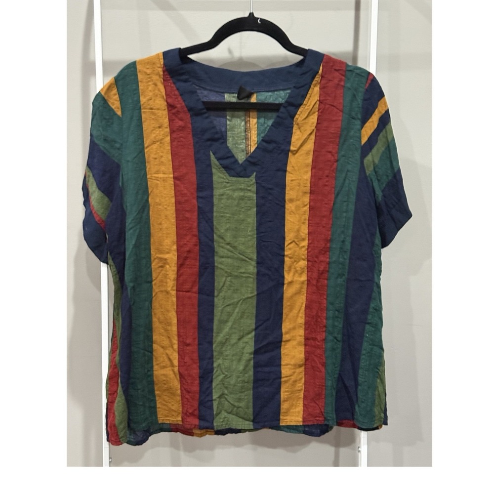 Multicolor Striped 100% Cotton V-Neck Short Sleeve Woven Top 0XL 90's Nerdy Prep